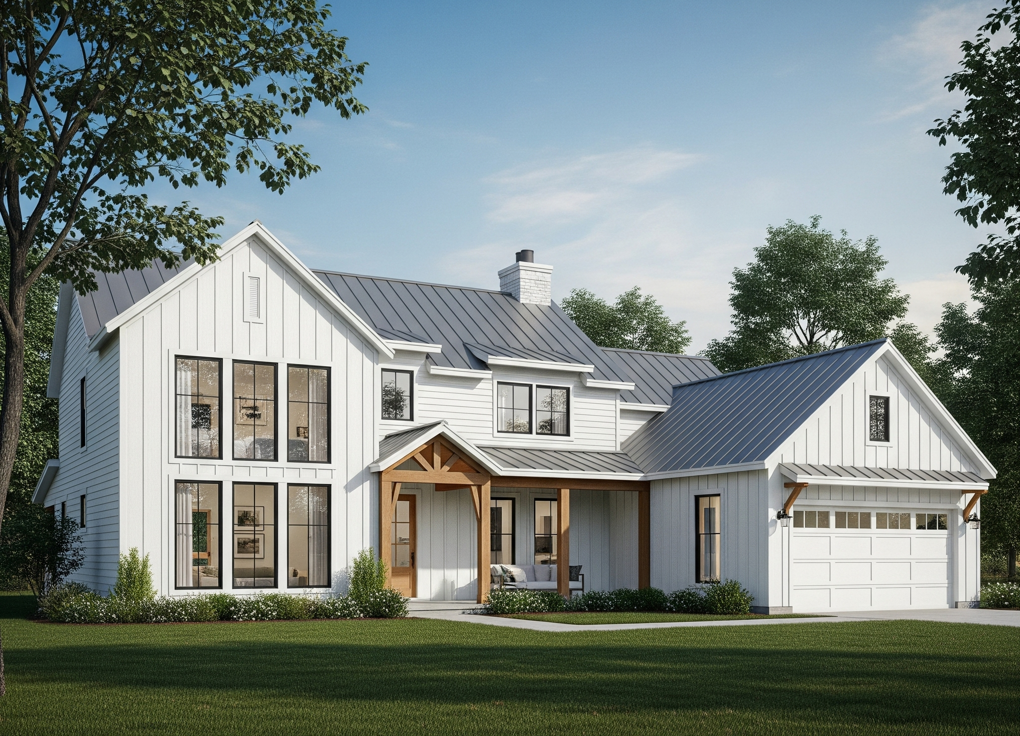 modern farmhouse with white siding and black metal roof