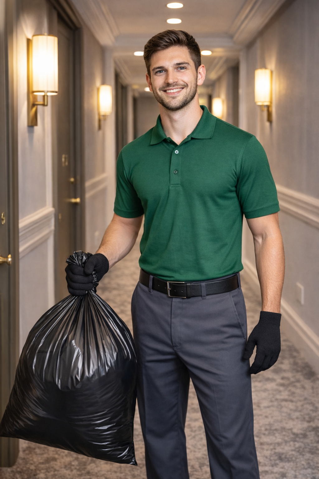 man holding trash in a hallway.