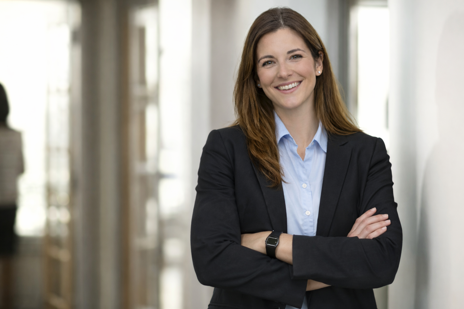 smiling professional women standing with her arms crossed.