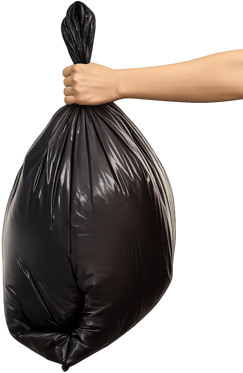 An arm holding a trash bag.