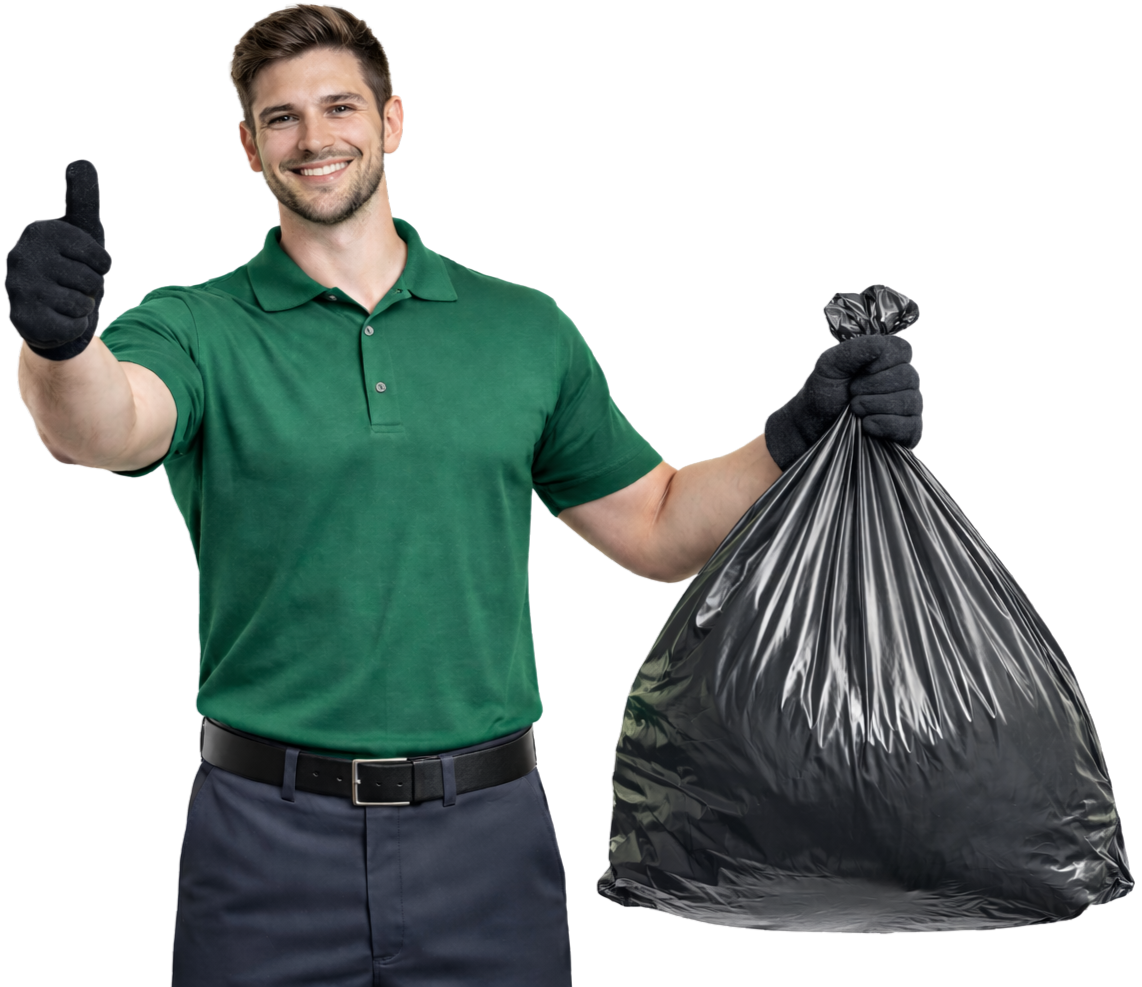 Smiling man holding a garbage bag and giving a thumbs up gesture.