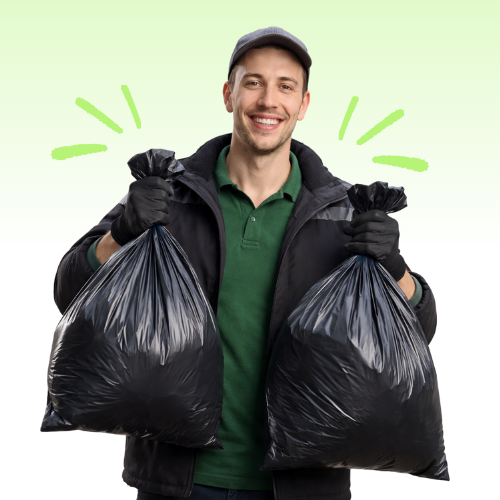A smiling man holding two large black garbage bags, wearing a green shirt, black jacket, and gloves, with a light green background and doodle lines around his head.