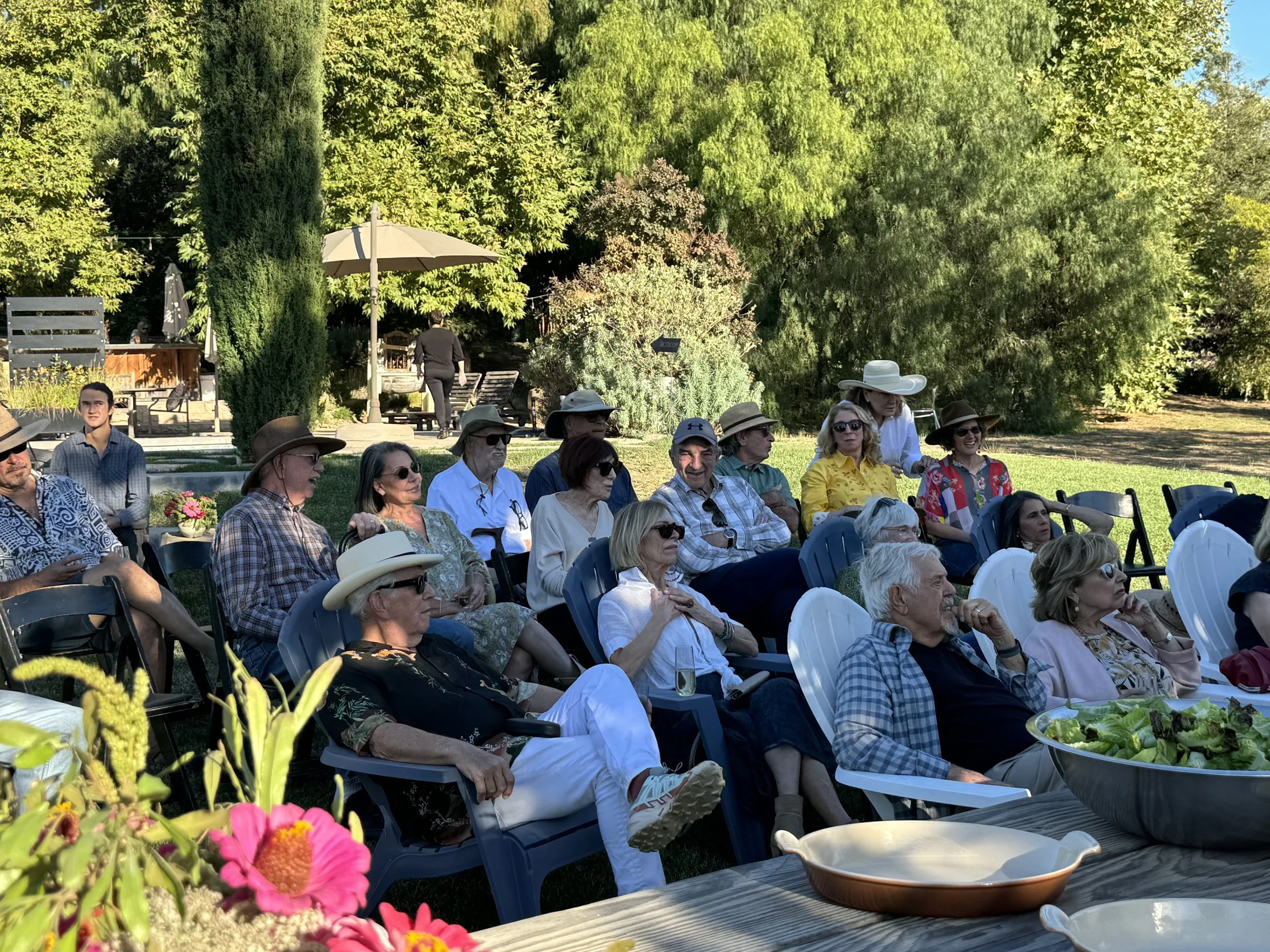 Group of older adults sitting and watching outdoor event in a garden on a sunny day, some wearing hats and sunglasses, surrounded by trees and greenery.
