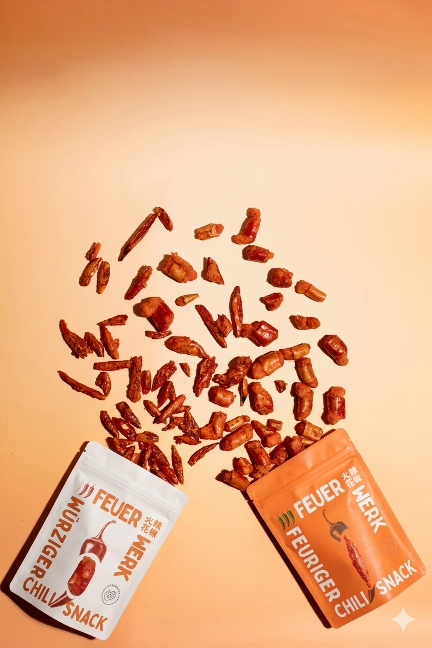 Getrocknete Chili-Stücke und zwei Chili-Snacks in Verpackungen mit dem Label 'Feuerwerk' und einem Chili-Bild auf einem hellen Hintergrund. Chili Snacks liegen verteilt auf einem orangen Hintergrund
