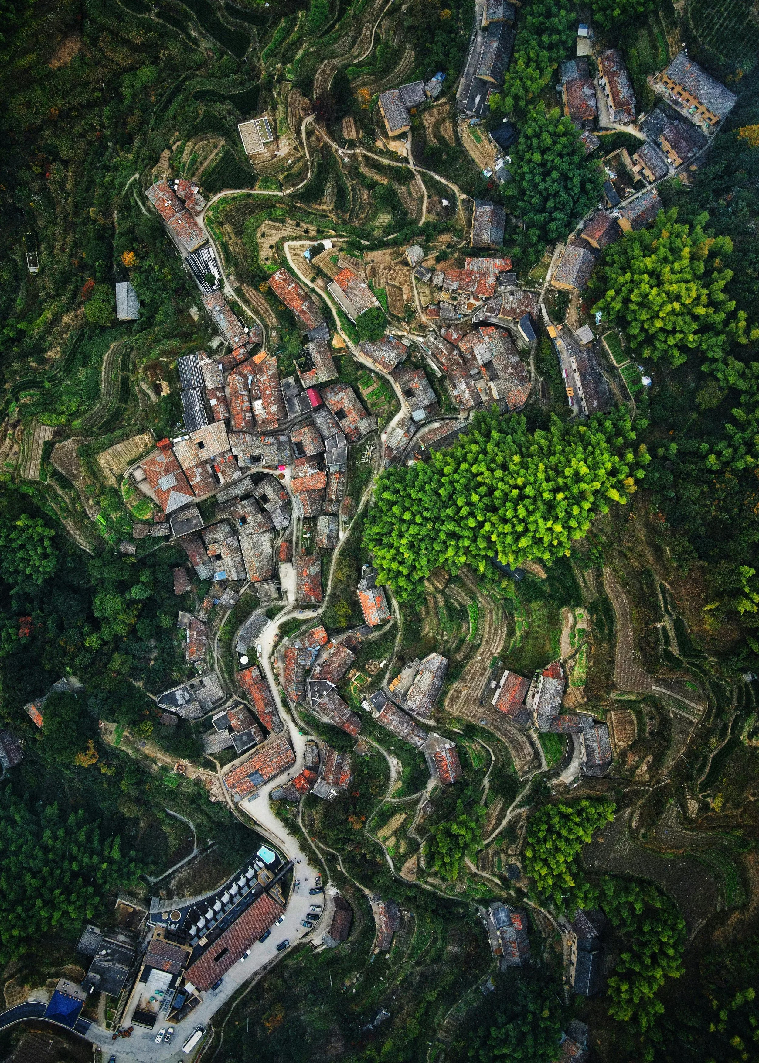 Luftaufnahme einer kleinen Bergdorf mit engen, kurvenreichen Straßen, alten Häusern und umgeben von grüner Natur, darunter Bäume und terrassierte Felder in Asien.