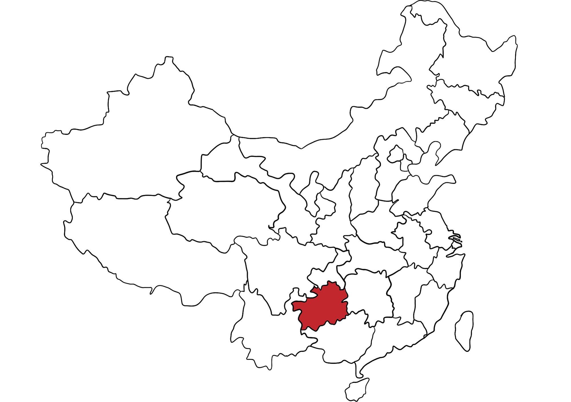 Karte von China, Übersicht der verschiedenen Bezirke, Provinz Guizhou ist rot markiert.