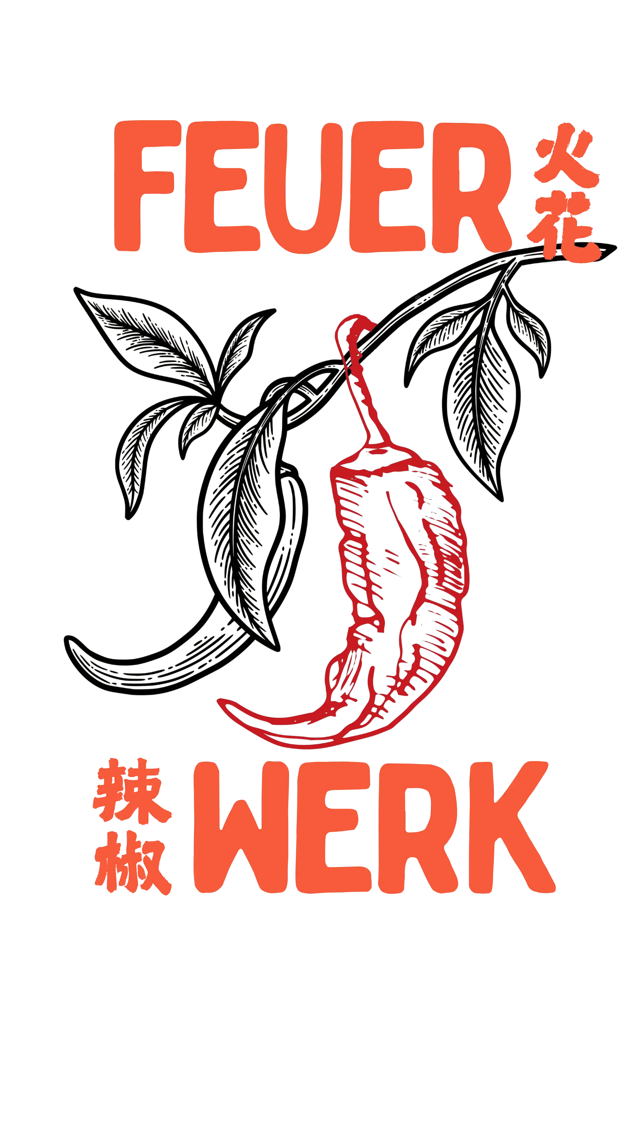 Grafik mit einem Chili, grünen Blättern und den deutschen Worten "Feuer WERK" sowie chinesischen Zeichen für "Chili" und "scharf".