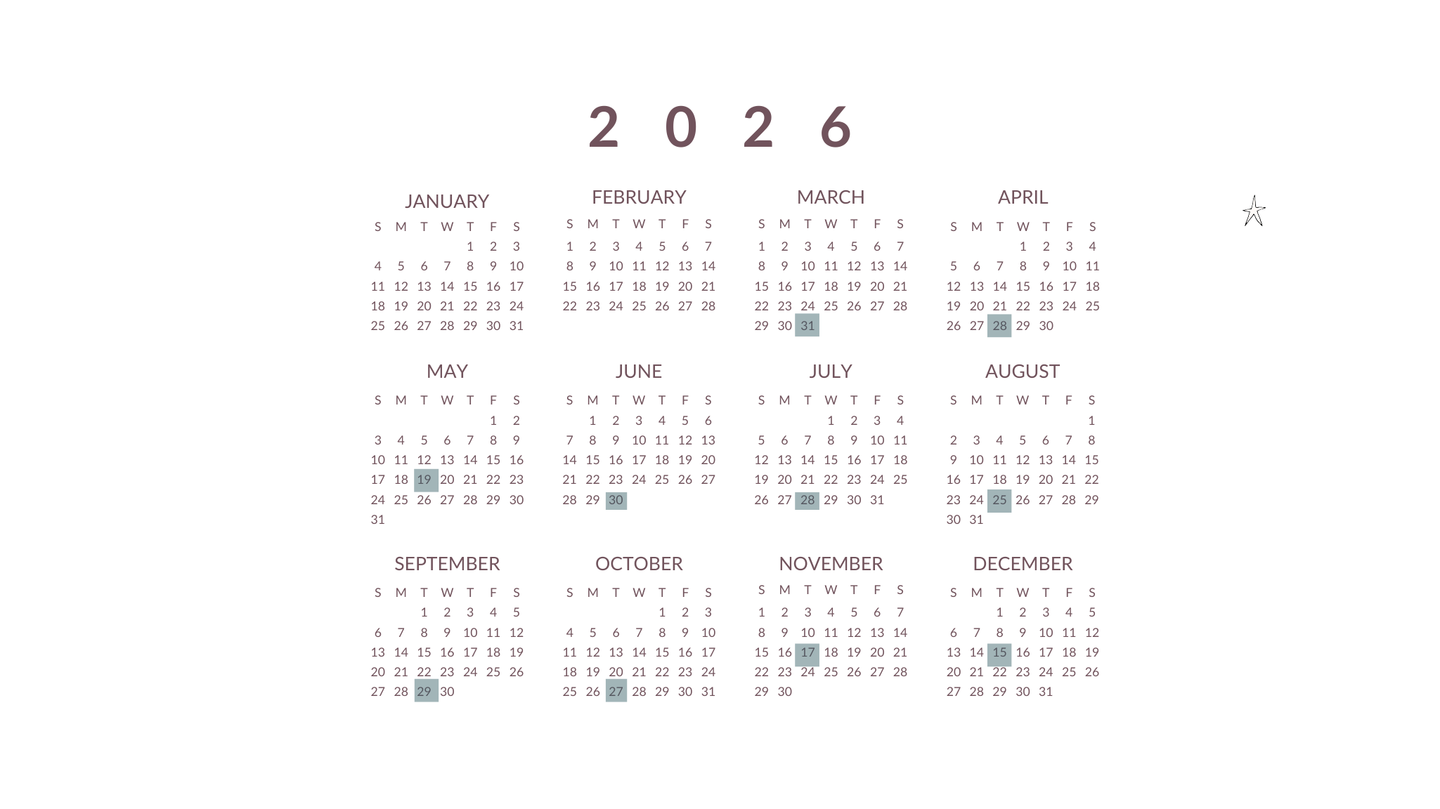 SELENE Dates for 2026 on a 2026 calendar