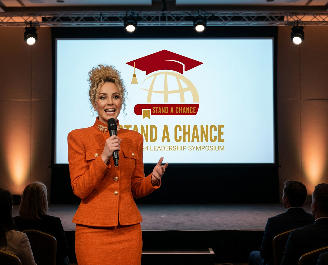 SUE ANN STATON, Founder & Director of STAND A CHANCE, a 501c3 nonprofit that supports children with an incarcerated parent through scholarships, mentorships and ongoing character-building programs---giving a presentation live.