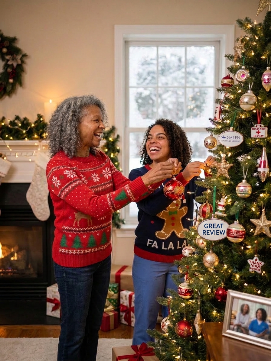 Two women decorating a Christmas tree in a cozy living room with a fireplace, holiday lights, and wrapped presents.