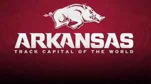 Arkansas Razorbacks logo with a pig mascot and the text "Arkansas Track Capital of the World" on a maroon background.