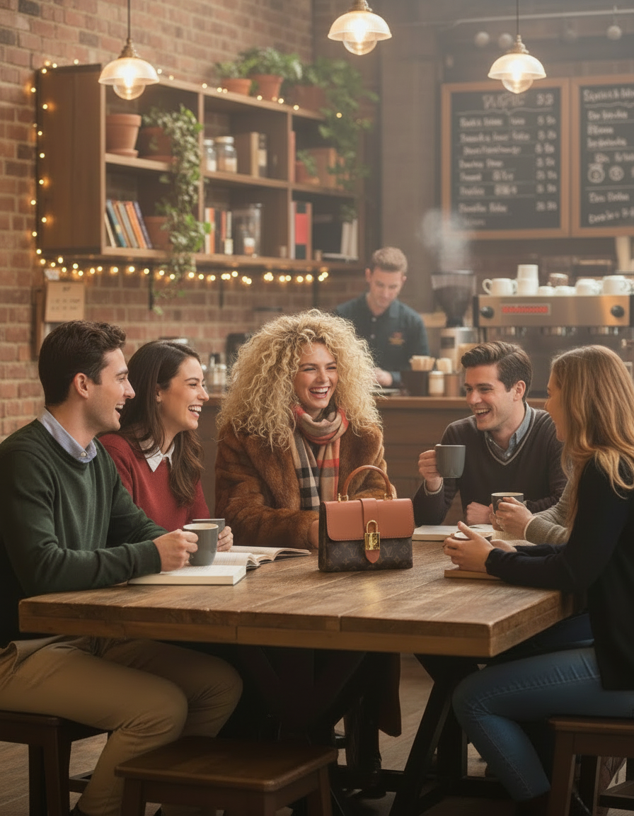 SUE ANN STATON, Founder & Director of STAND A CHANCE, sitting around a table in a coffee shop, laughing and talking with students regarding the scholarship offerings by STAND A CHANCE to kids with a parent in prison.