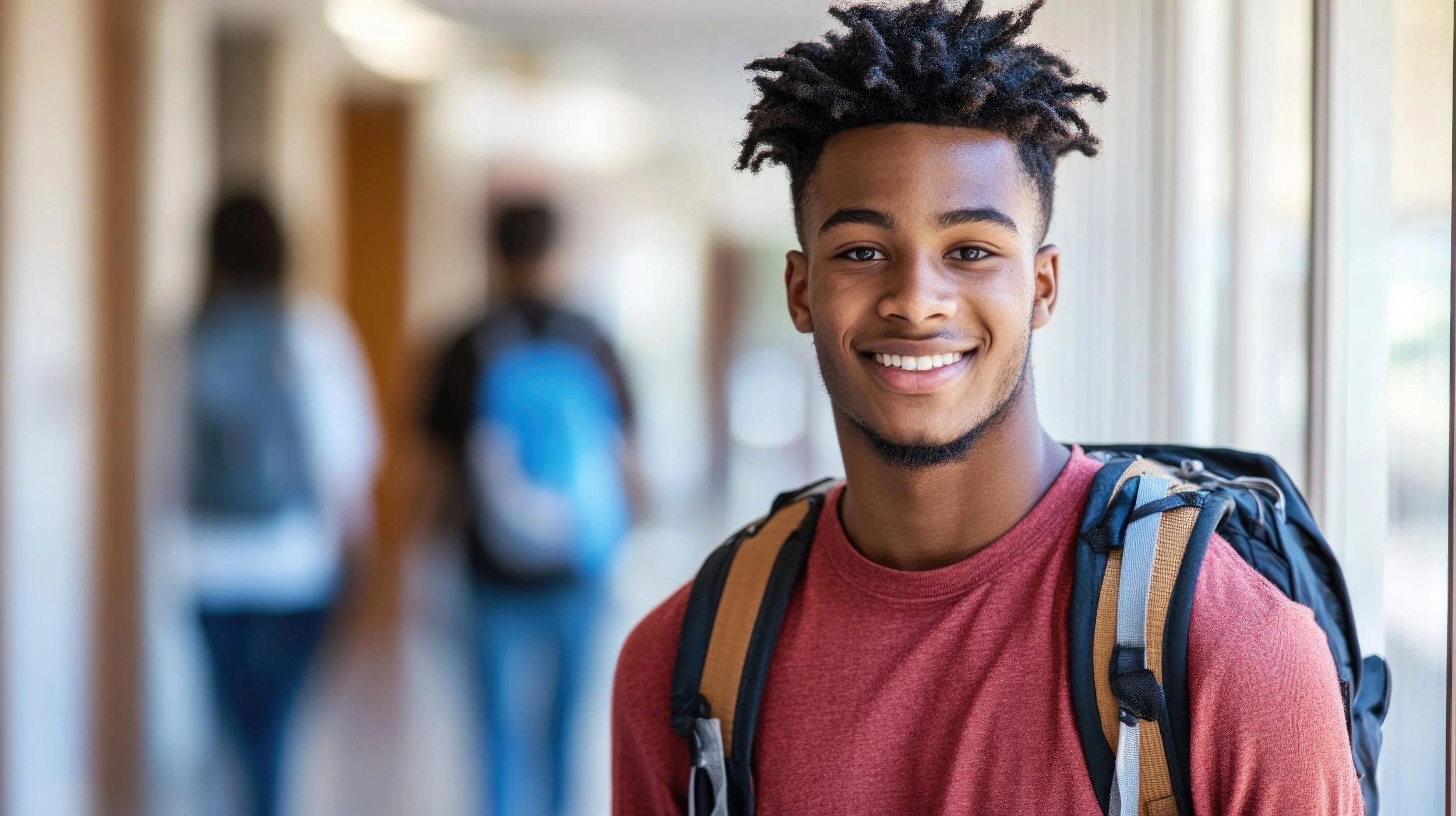 A young man with curly black hair smiling at the camera, wearing a red shirt and a backpack, in a school hallway with blurred students in the background.