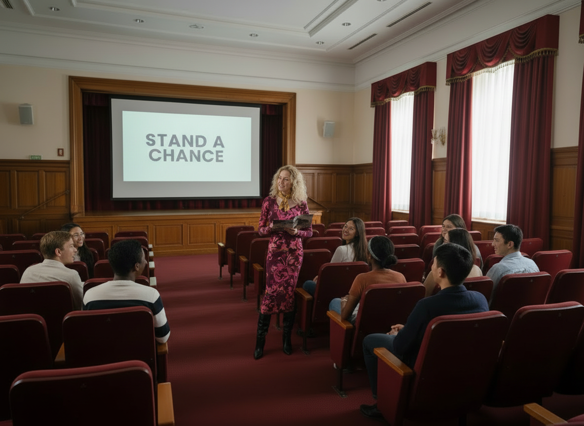 SUE ANN STATON, Founder & Director of STAND A CHANCE, in front of a small audience with a slide that reads 'STAND A CHANCE' projected on a screen behind her, PRE-LOGO days for this 501c3 nonprofit to support children with an incarcerated parent,