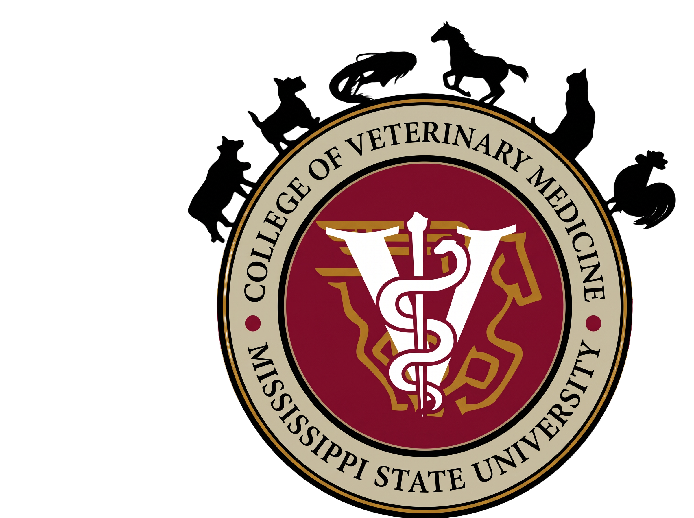 Seal of the College of Veterinary Medicine, Michigan State University, featuring veterinary symbols and silhouettes of animals, including a horse, dog, cat, and rooster.