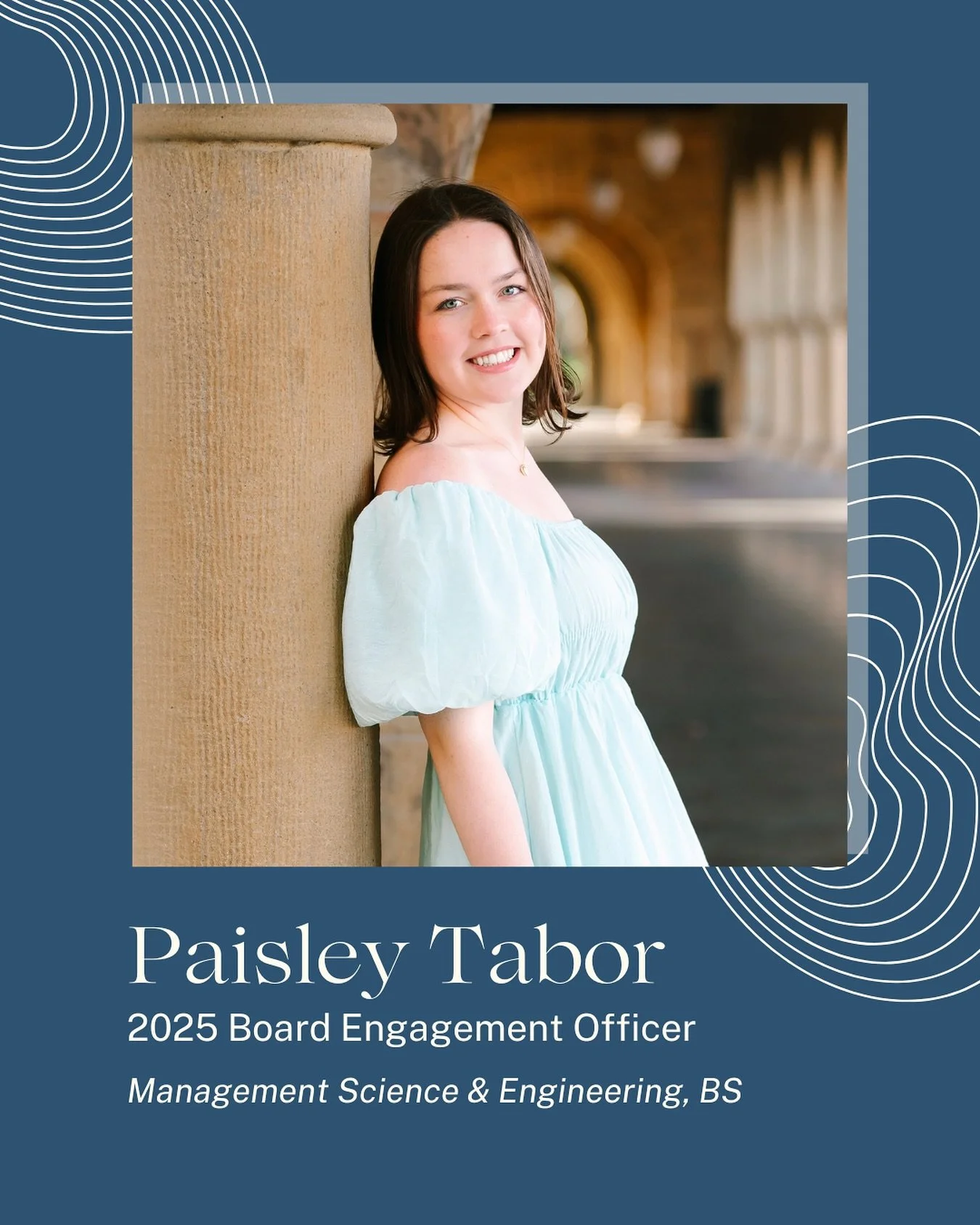 Meet Paisley, our 2025 Board Engagement Chair!
📍Hometown: Hurricane, WV
👩‍💻Major: Management Science & Engineering
🐐Fun fact: I’m from a small rural town of only about 6,000 people, and I grew up raising pet goats!