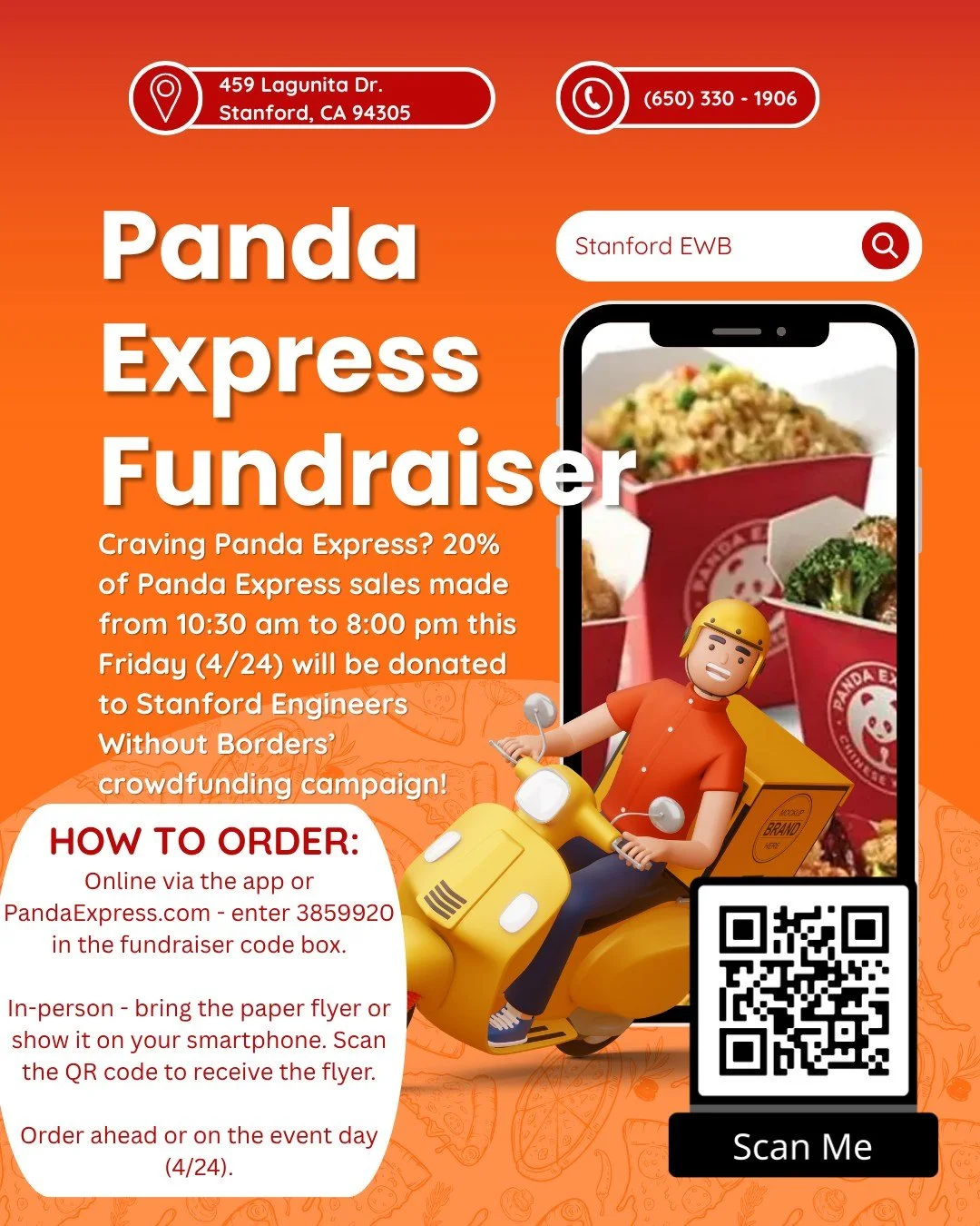 Craving Panda Express? 20% of Panda Express sales from orders on April 24th will be donated to EWB's crowdfunding campaign! You can either order online or the app and use the fundraiser code (3859920) or show the flyer in-person (location is the Pand