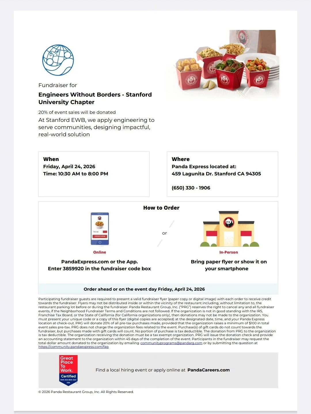 This is the flyer you need to show at Panda Express (either printed or electronically) when you come in-person this Friday. Remember that 20% of your order will go towards our crowdfunding campaign!
