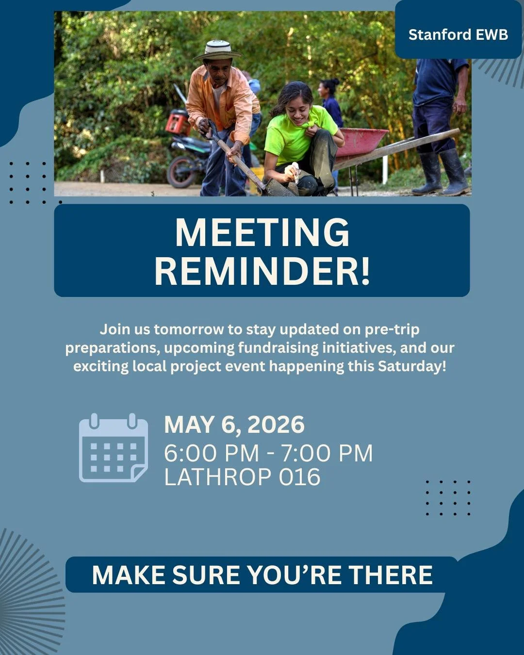 If you are applying for the travel team, it is extremely important that you attend project meetings to stay up-to-date and contribute to pre-trip preparations.