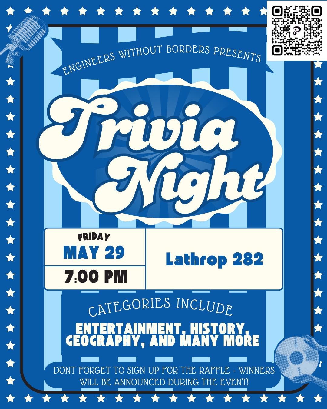 Get ready for a fun-filled night with Engineers Without Borders! 🎉 Join us on May 29th at 7:00 PM in Lathrop 282 for a Trivia Night covering entertainment, history, geography, and more. Don't forget to sign up for the raffle too; winners will be ann