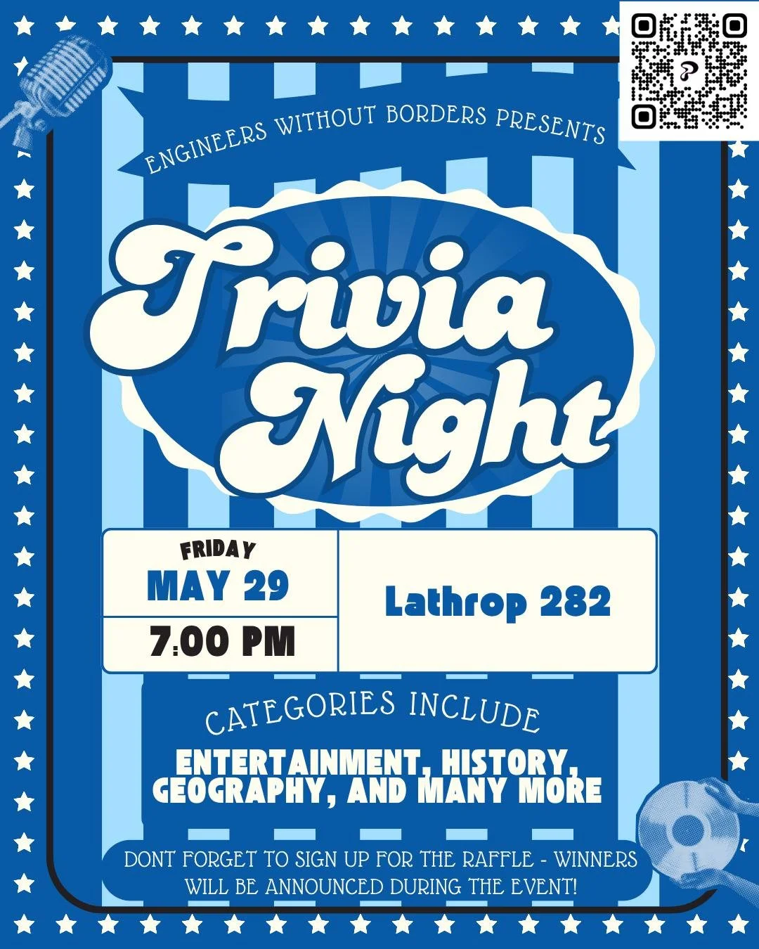 Get ready for a fun-filled night with Engineers Without Borders! 🎉 Join us on May 29th at 7:00 PM in Lathrop 282 for a Trivia Night covering entertainment, history, geography, and more. Don't forget to sign up for the raffle too; winners will be ann