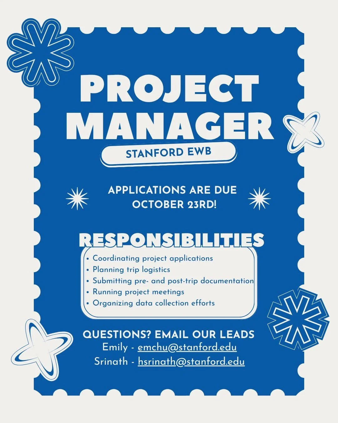 🌎 Want to make a global impact through engineering?

Stanford Engineers Without Borders is looking for Project Managers! Help lead meaningful engineering projects like our ongoing water infrastructure initiative in rural Ecuador.

💧 Gain hands-on e
