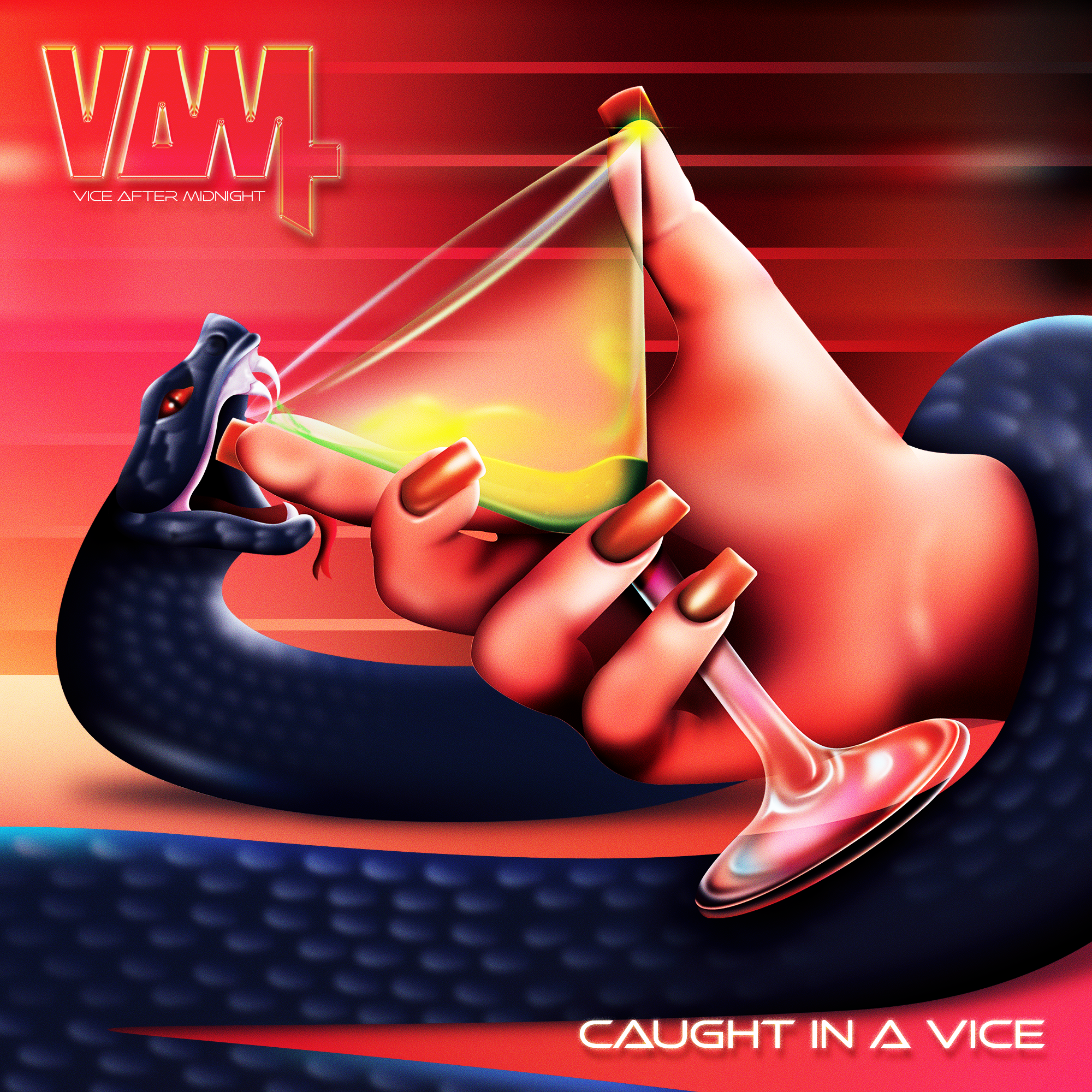 Digital artwork with a red background featuring neon-style text that reads "V/V" and "Vice After Midnight." There is a hand holding a glowing, curved object that resembles a mirror or a reflective surface. The phrase "Caught in a vice" appears at the bottom right in glowing text, blending into the overall vibrant, futuristic style of the image.