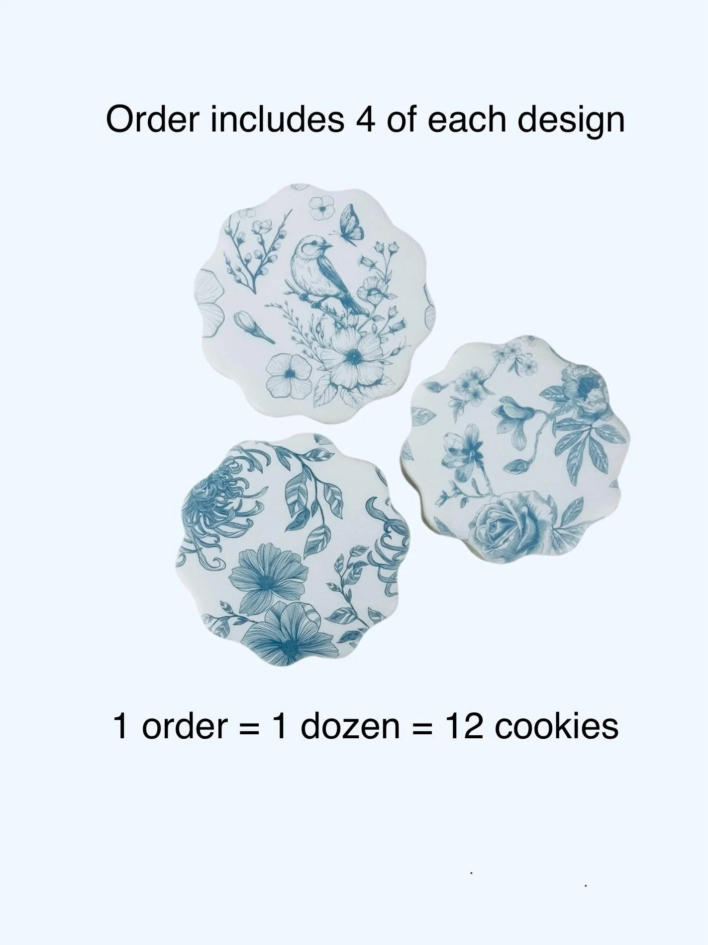 Blue and white floral sugar cookies grouped with scalloped edges