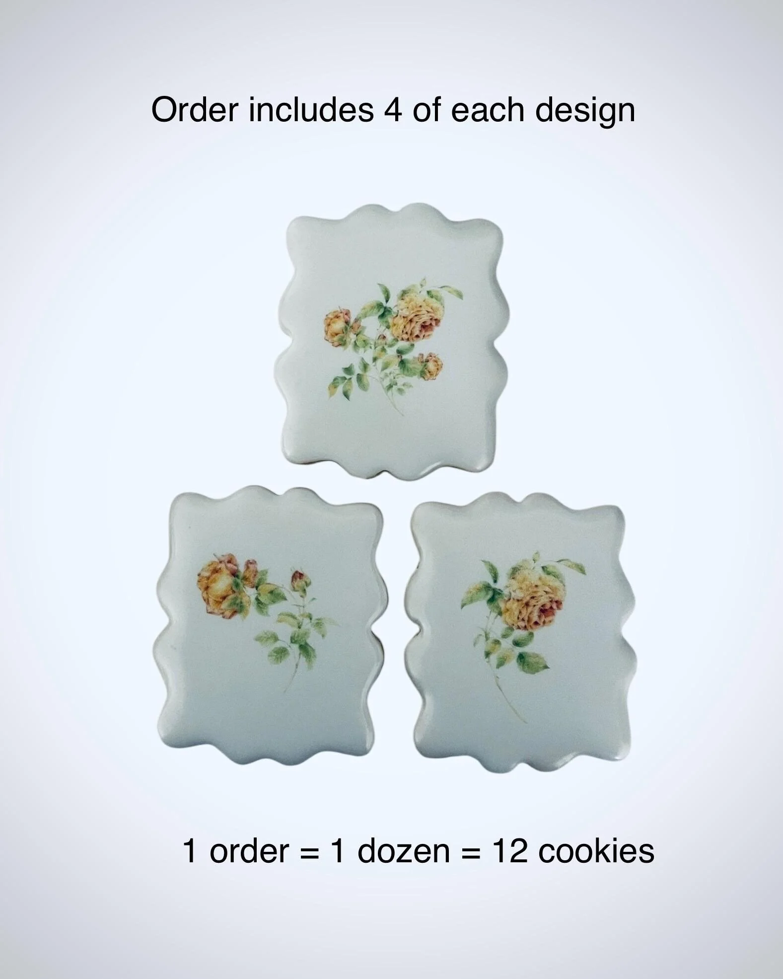 Floral sugar cookie set showing multiple rose designs in soft vintage tones