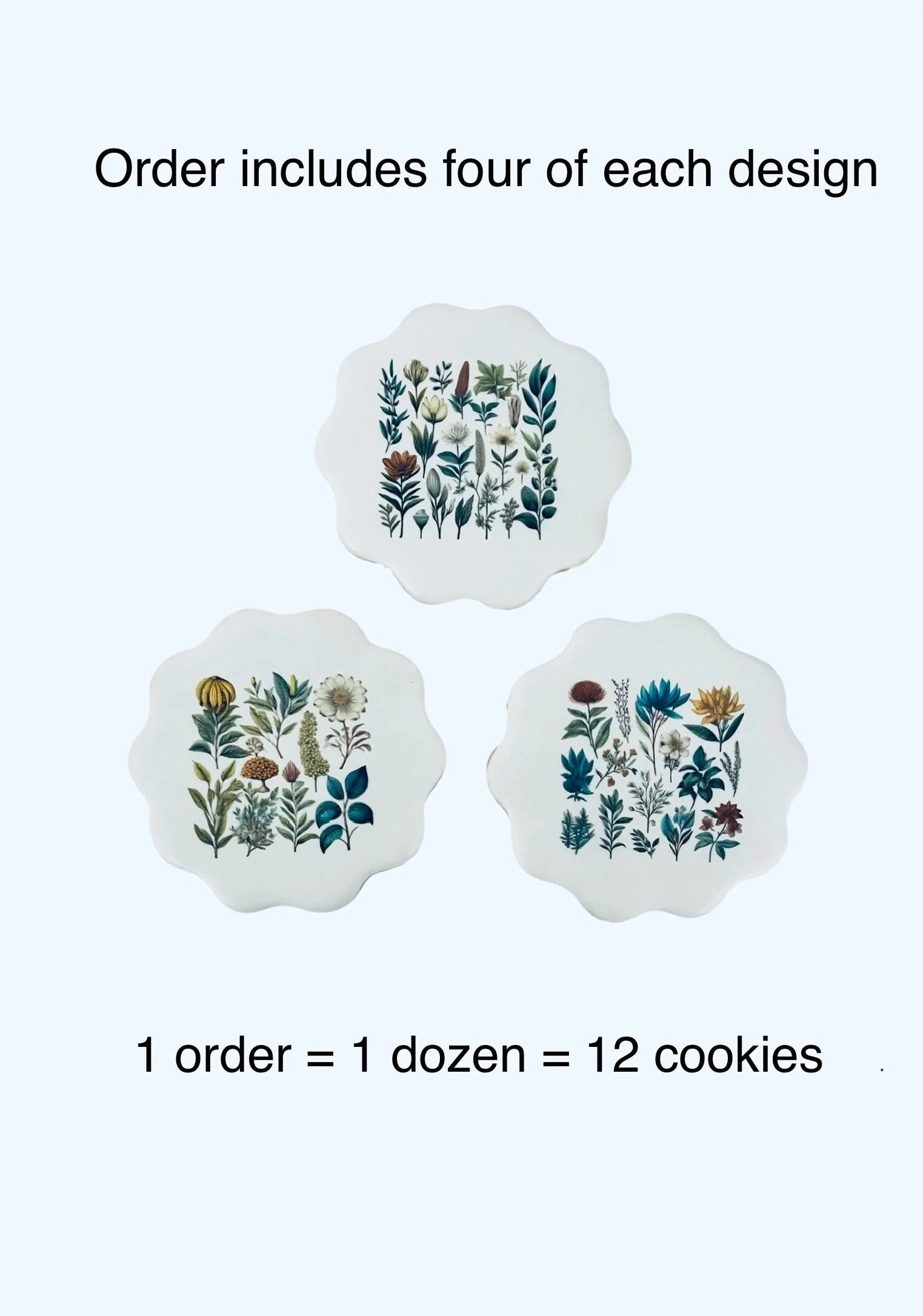 Assorted botanical cookies displayed as a coordinated set