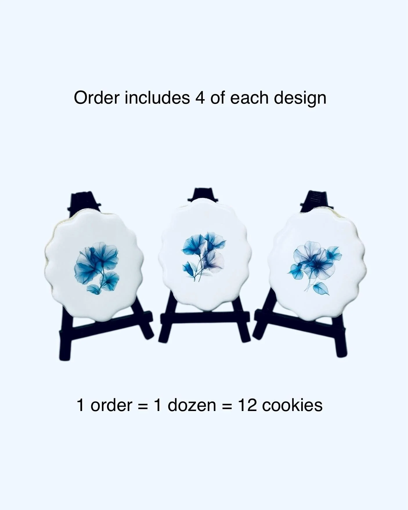 Coordinated blue floral cookie set displayed for events