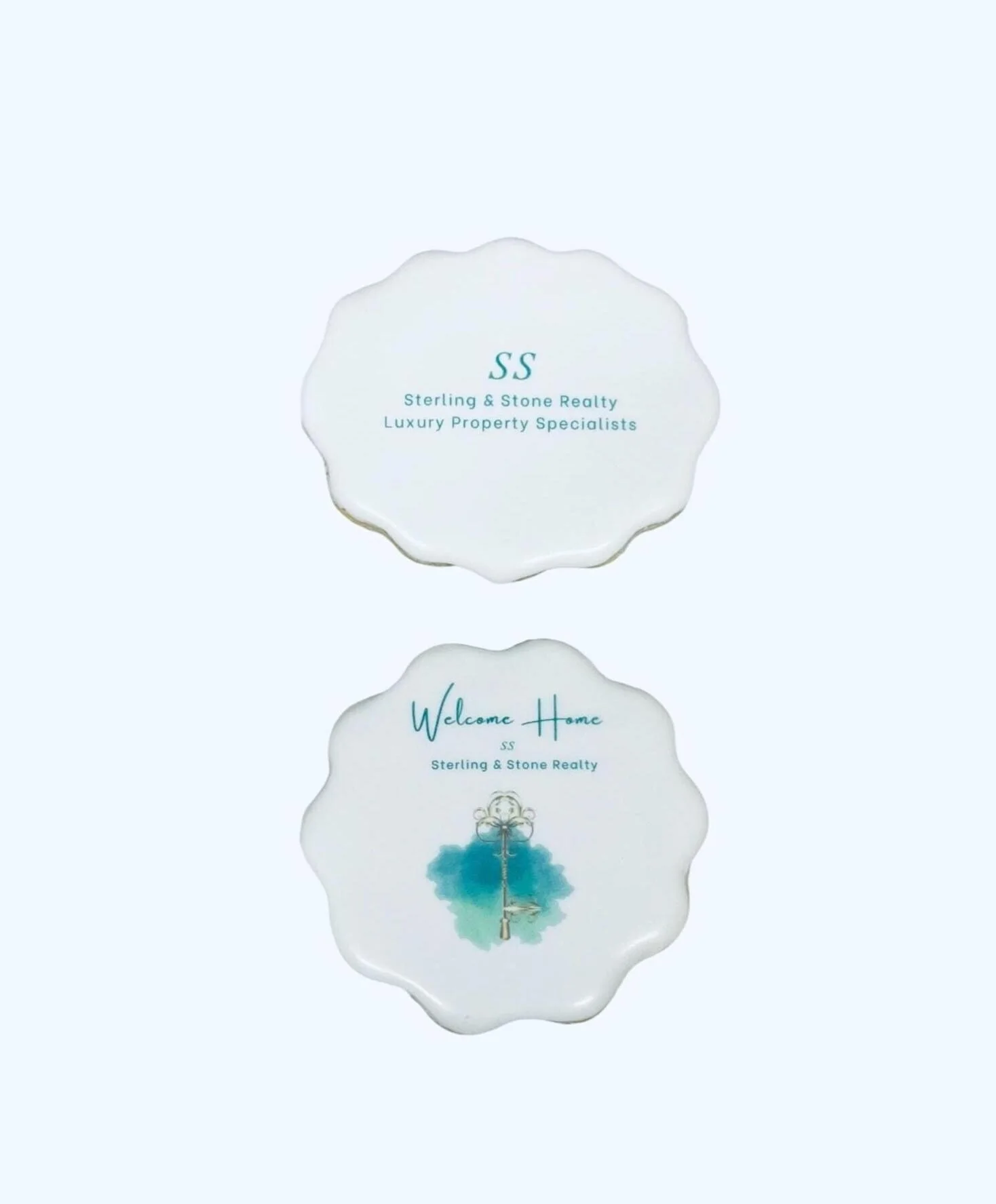 realtor logo cookies printed with edible ink on royal icing vanilla sugar cookies