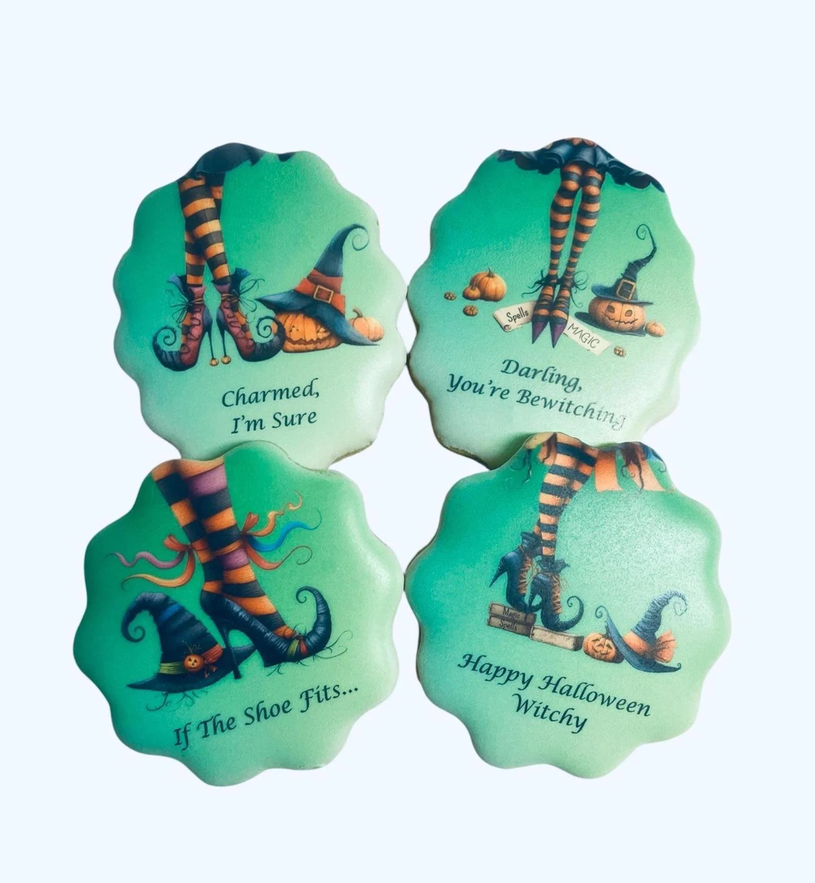 Chic witch Halloween cookies with stockings and heels design