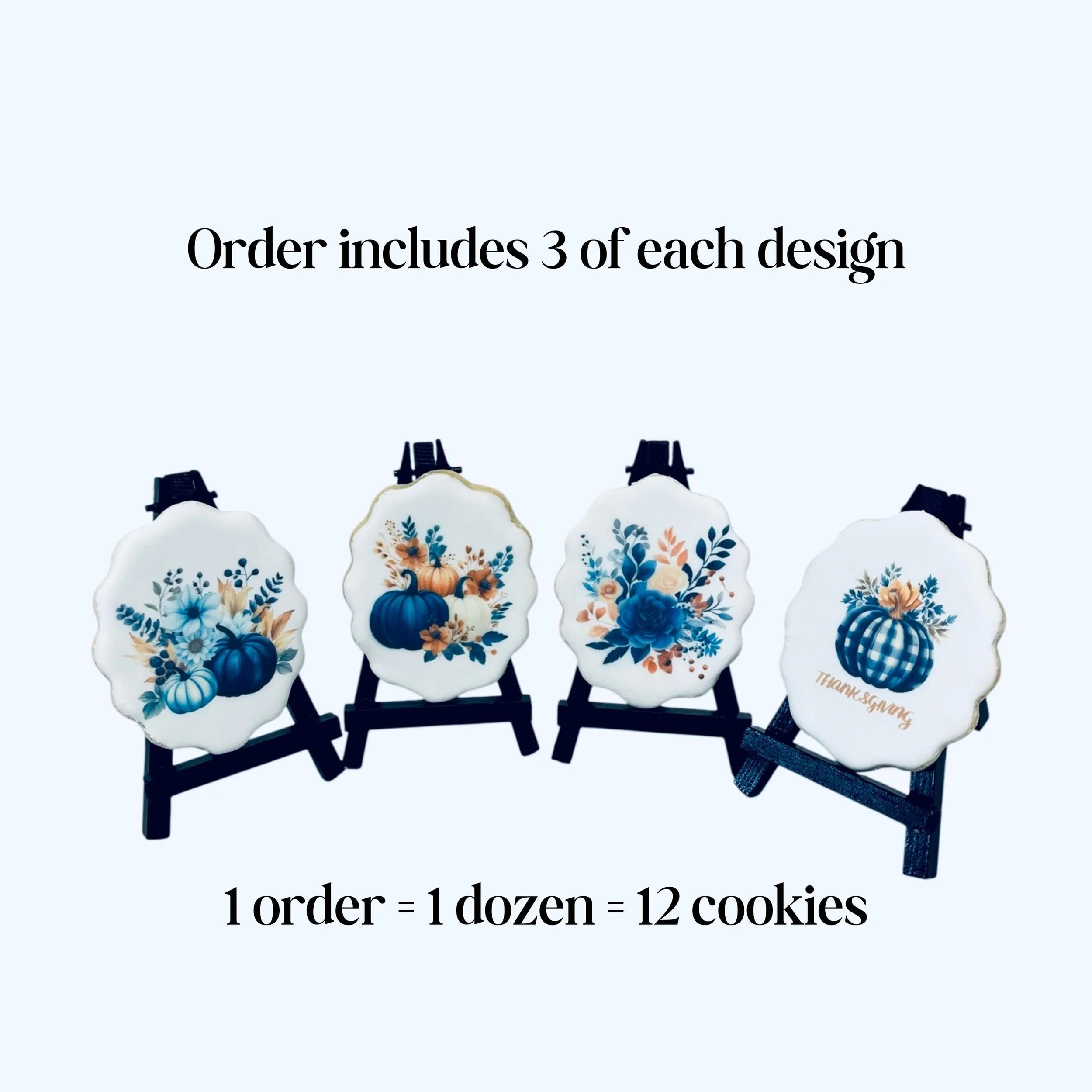 Harvest-themed cookies with pumpkins and foliage details