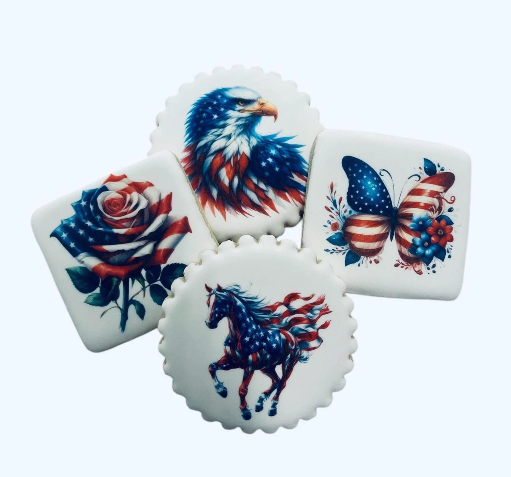 Patriotic USA holiday cookies with red white and blue stars and stripes design