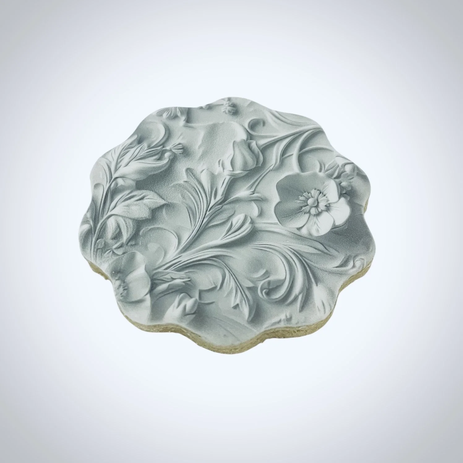 Luxury custom printed cookie with porcelain-inspired texture and sculptural detailing.