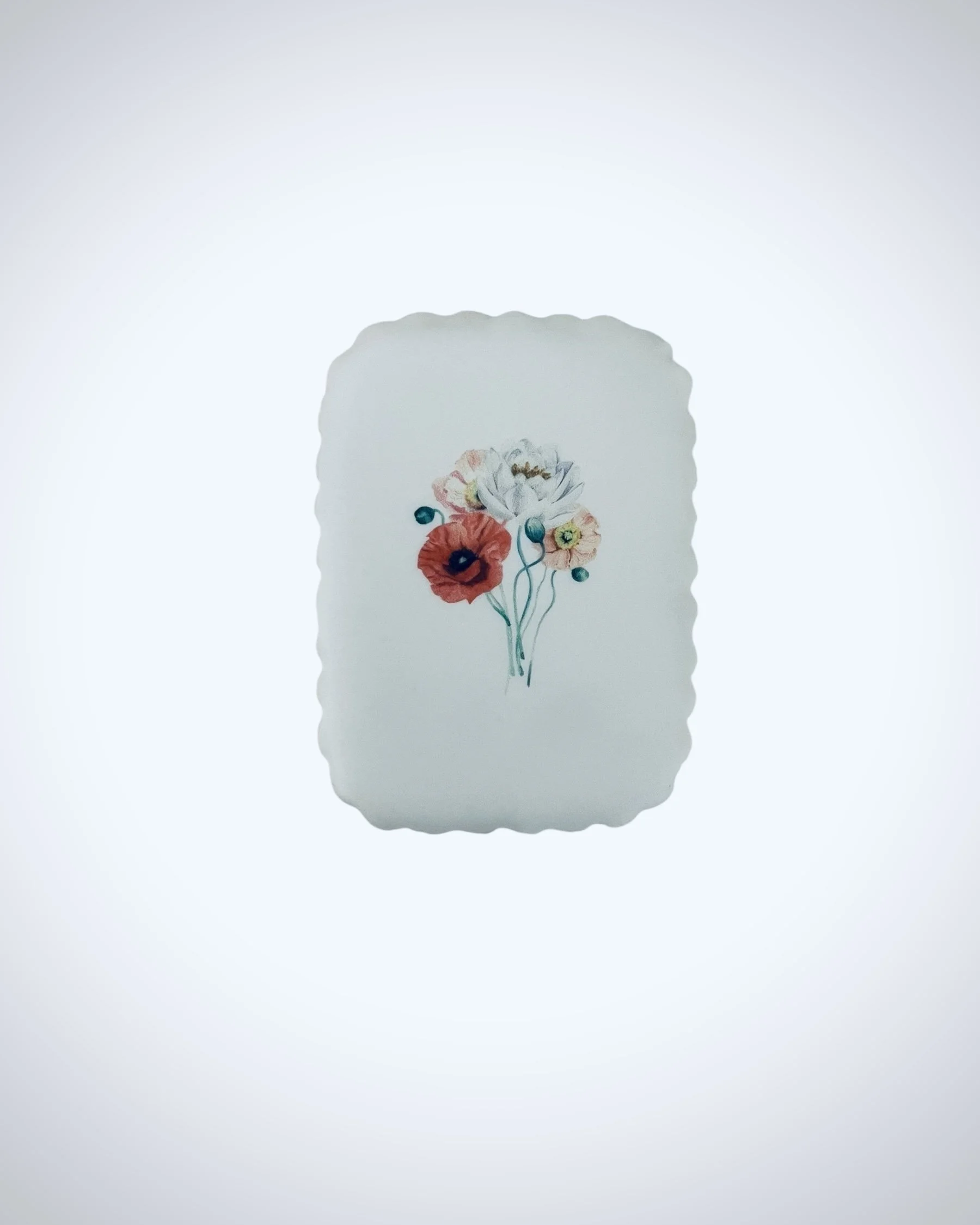 botanical poppy flower printed sugar cookie with edible ink illustration on white royal icing, scalloped rectangle sugar cookie