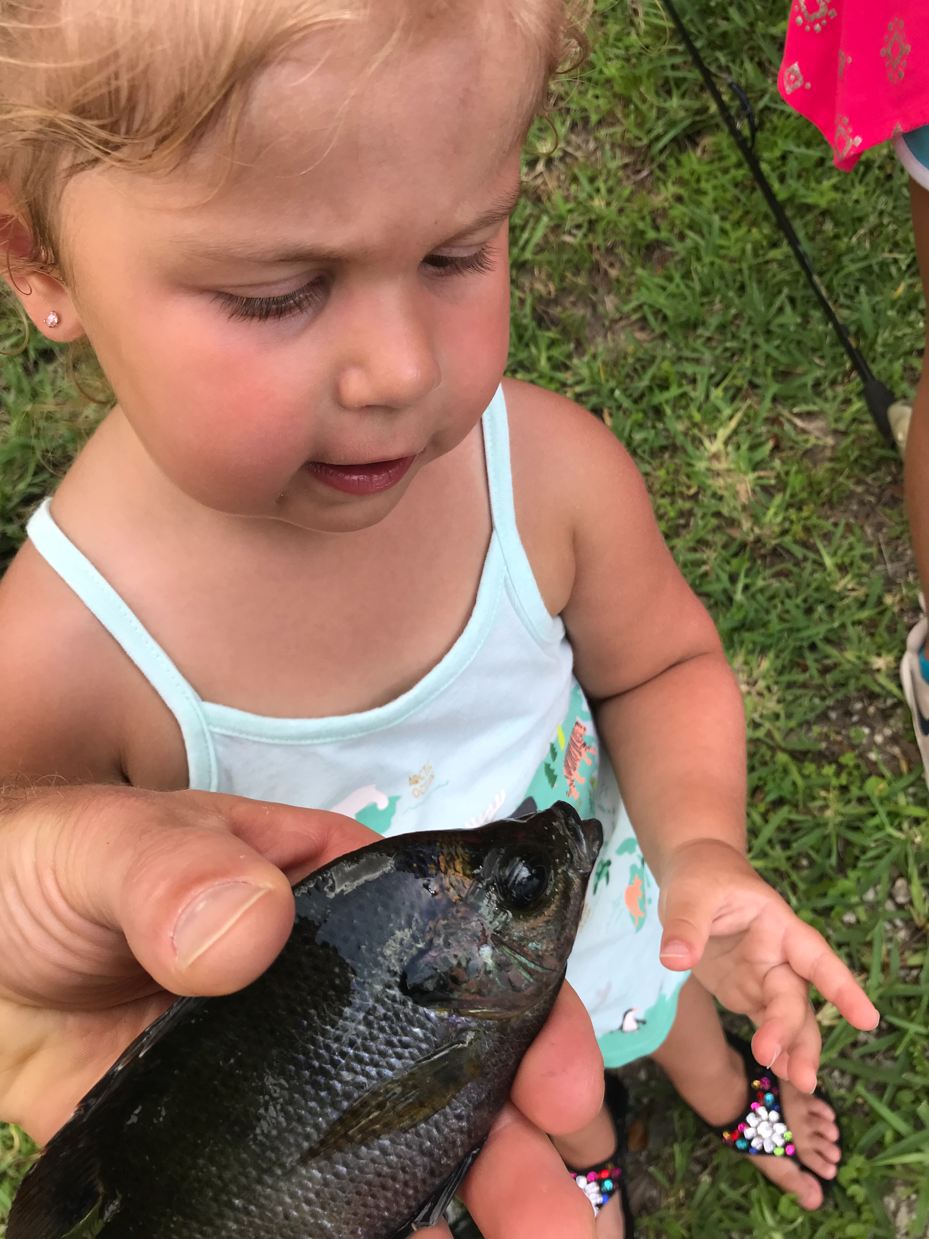 1st fish Young girl holding a fish outdoors on grass, wearing a light blue tank top and colorful sandals.