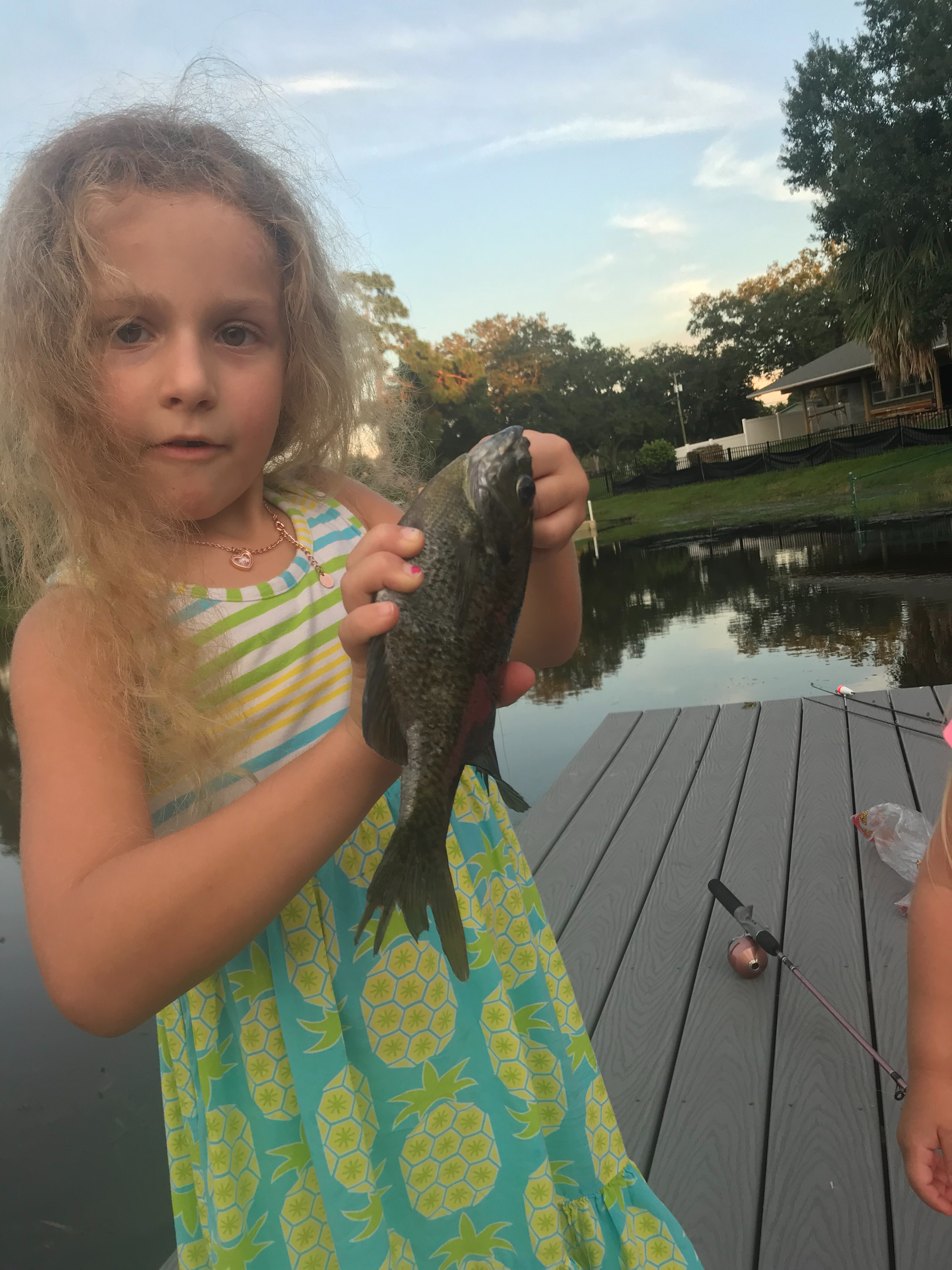 A young girl with curly blonde hair holding a fish by a pond during sunset, standing on a wooden dock with fishing gear nearby.