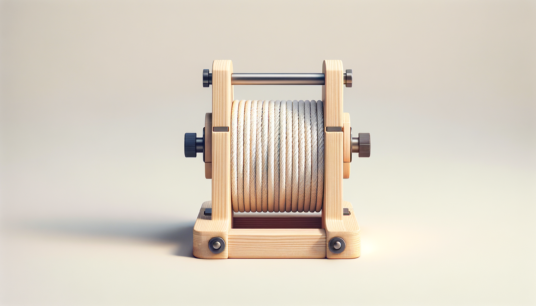 A wooden spool holder with a rotating mechanism, holding a reel of beige and white rope, set on a plain beige background.