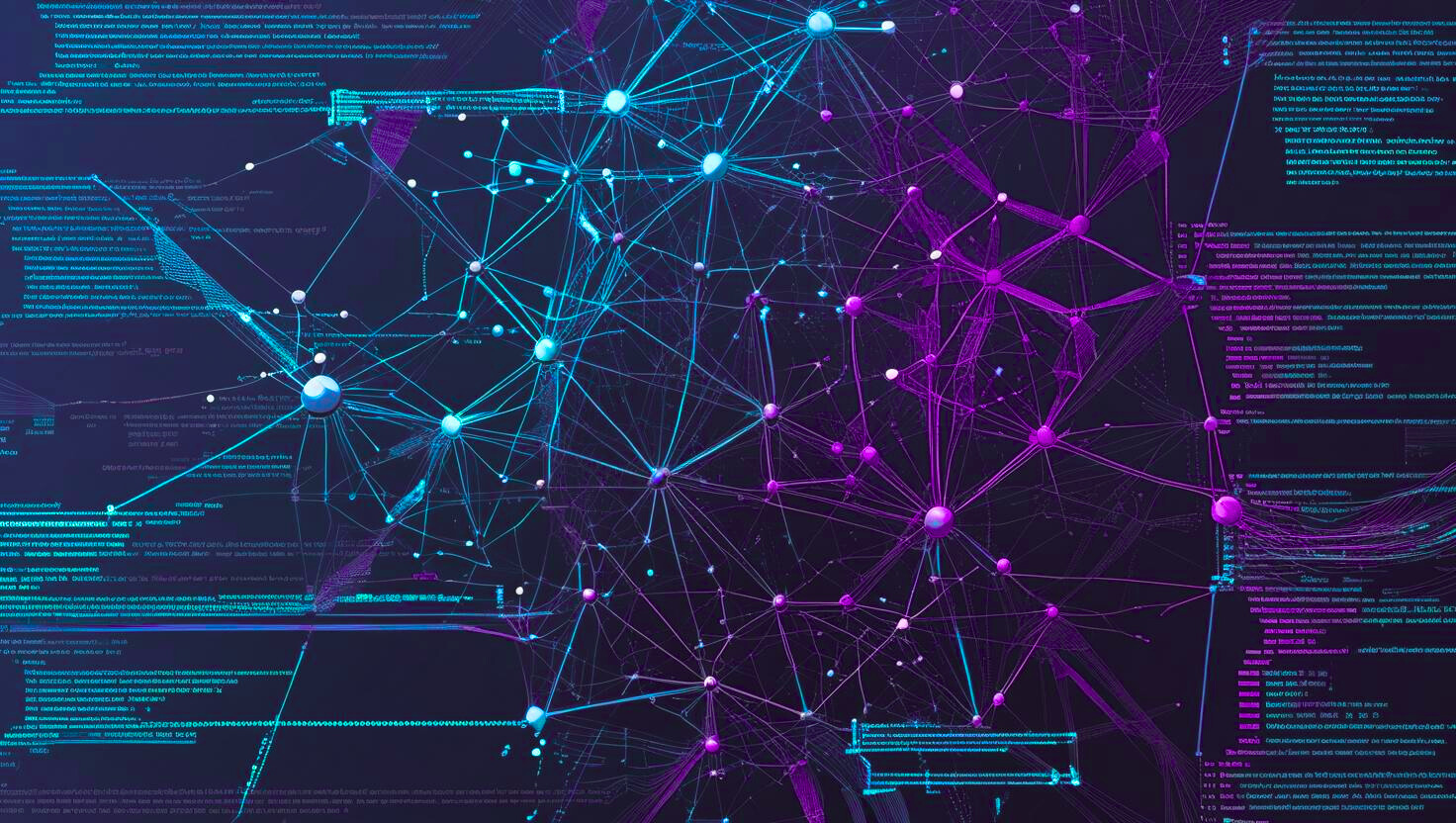 Digital visualization of interconnected nodes and lines in blue and purple, resembling a network or neural connections on a dark background.