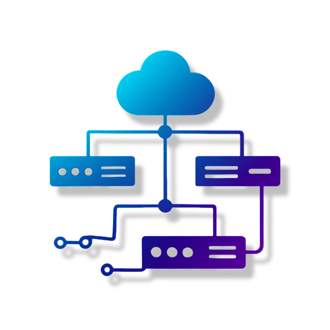 Digital illustration of cloud computing with interconnected nodes and communication boxes, glowing in blue and purple, representing cloud network Technology.