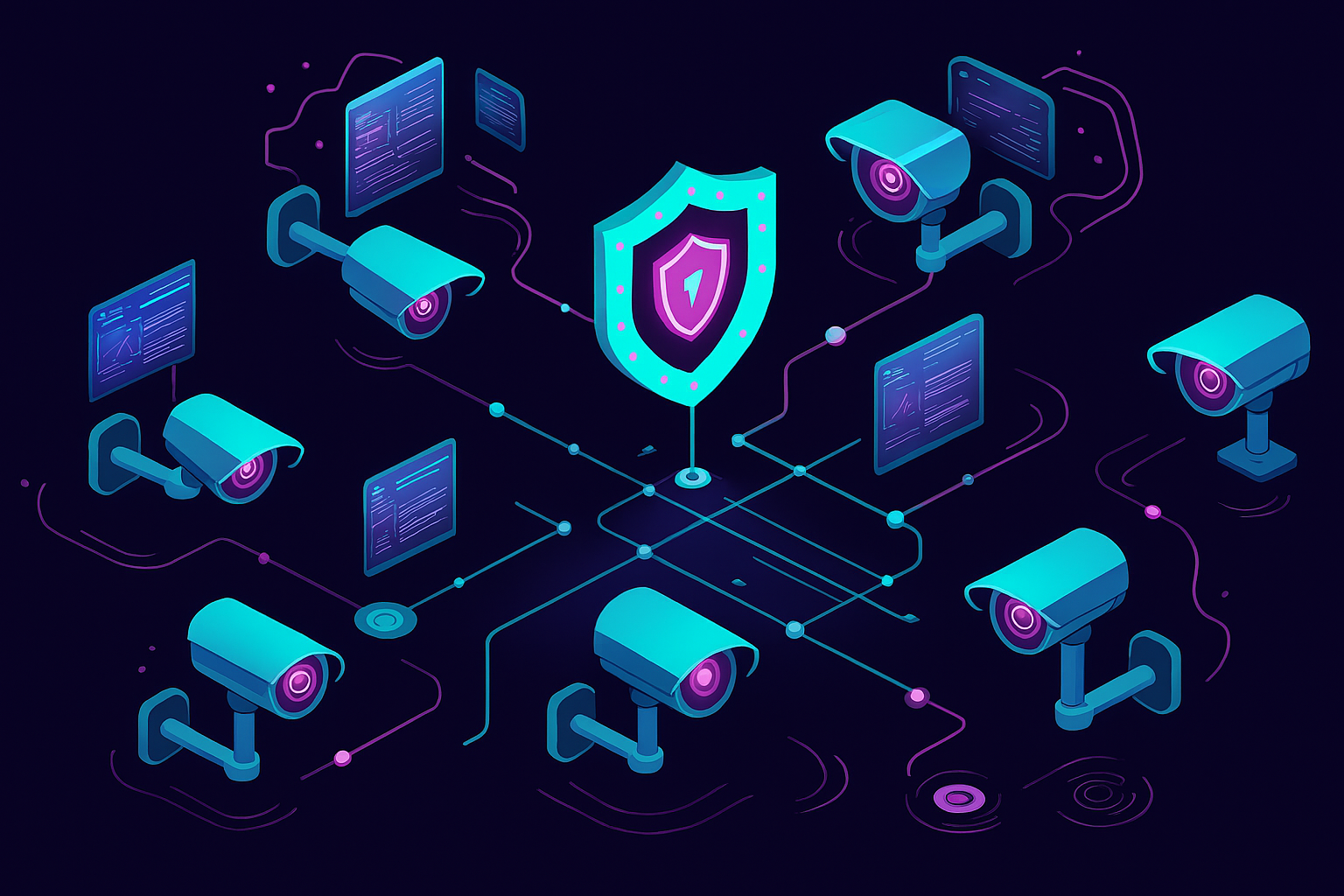Digital illustration of security cameras connected in a network with data displays and a central shield icon representing cybersecurity.
