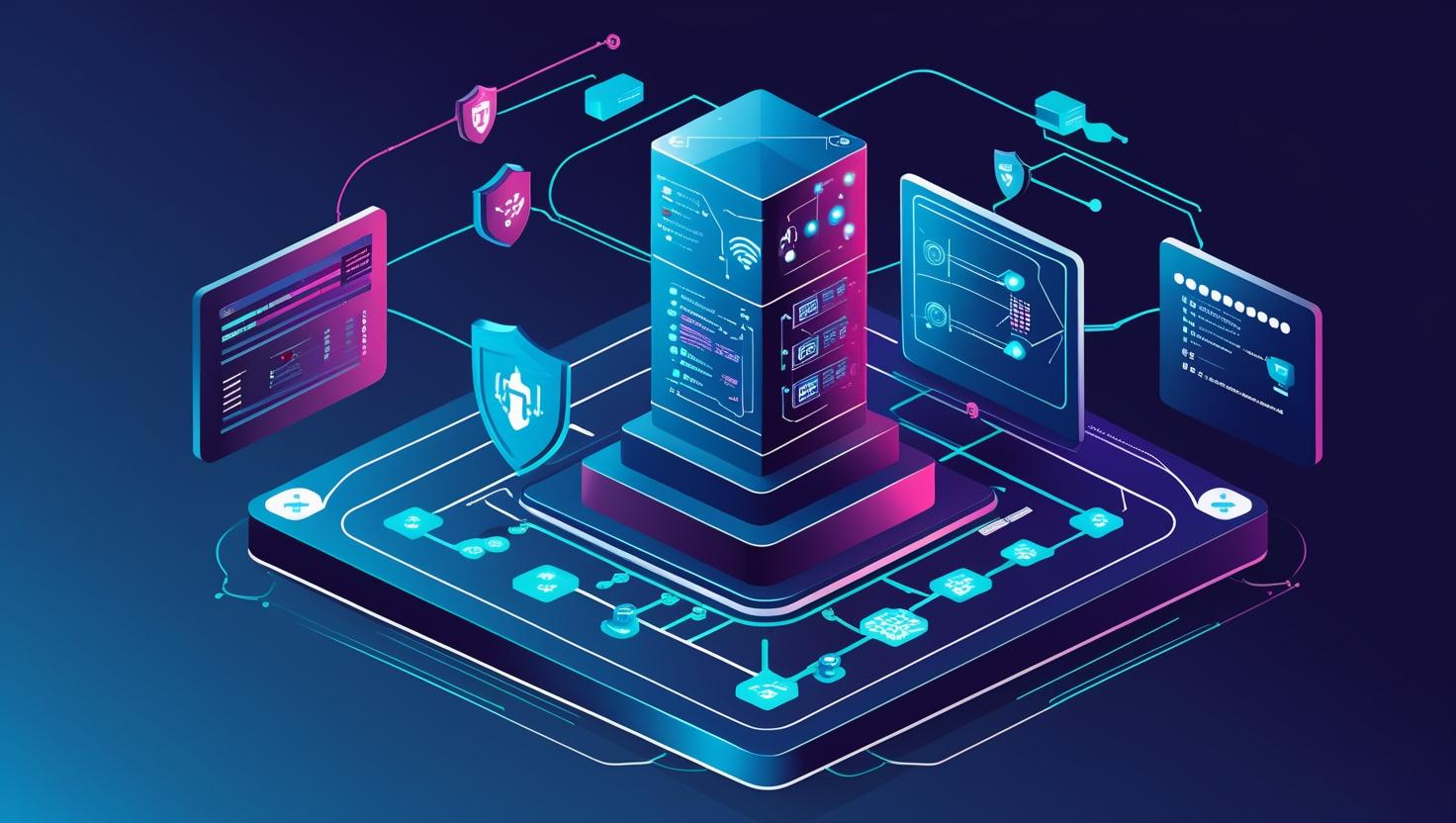 Futuristic digital illustration of cybersecurity and data protection, featuring a central server surrounded by interconnected screens, shield icons, and data symbols in neon colors.