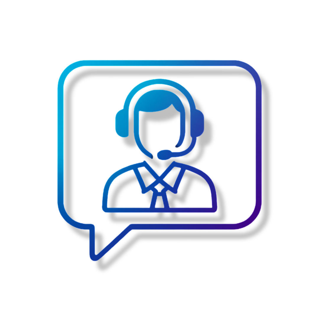 Neon icon of a customer service representative with a headset inside a speech bubble.