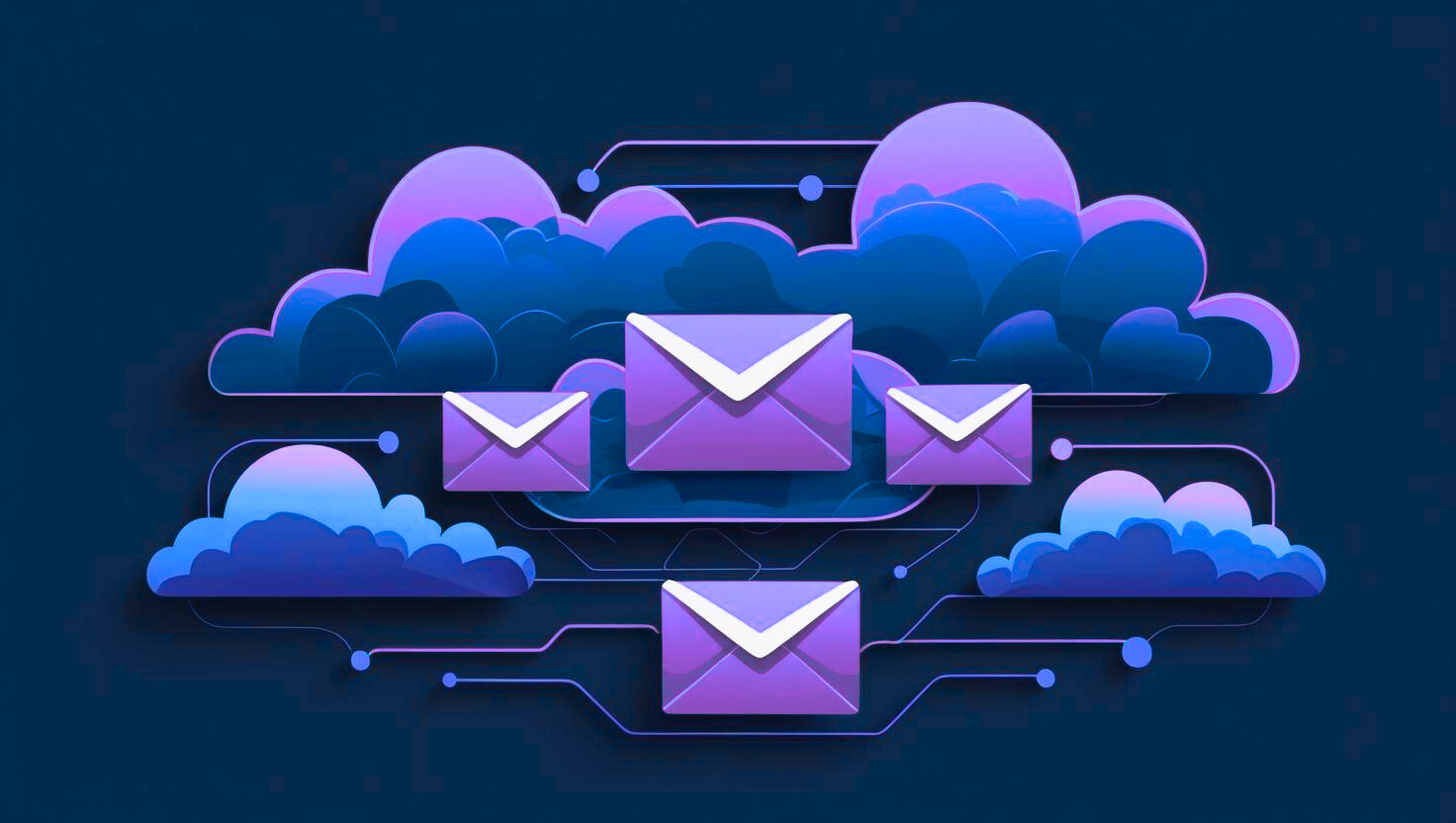 Digital illustration of email messages connecting through a cloud network, representing cloud-based email communication.