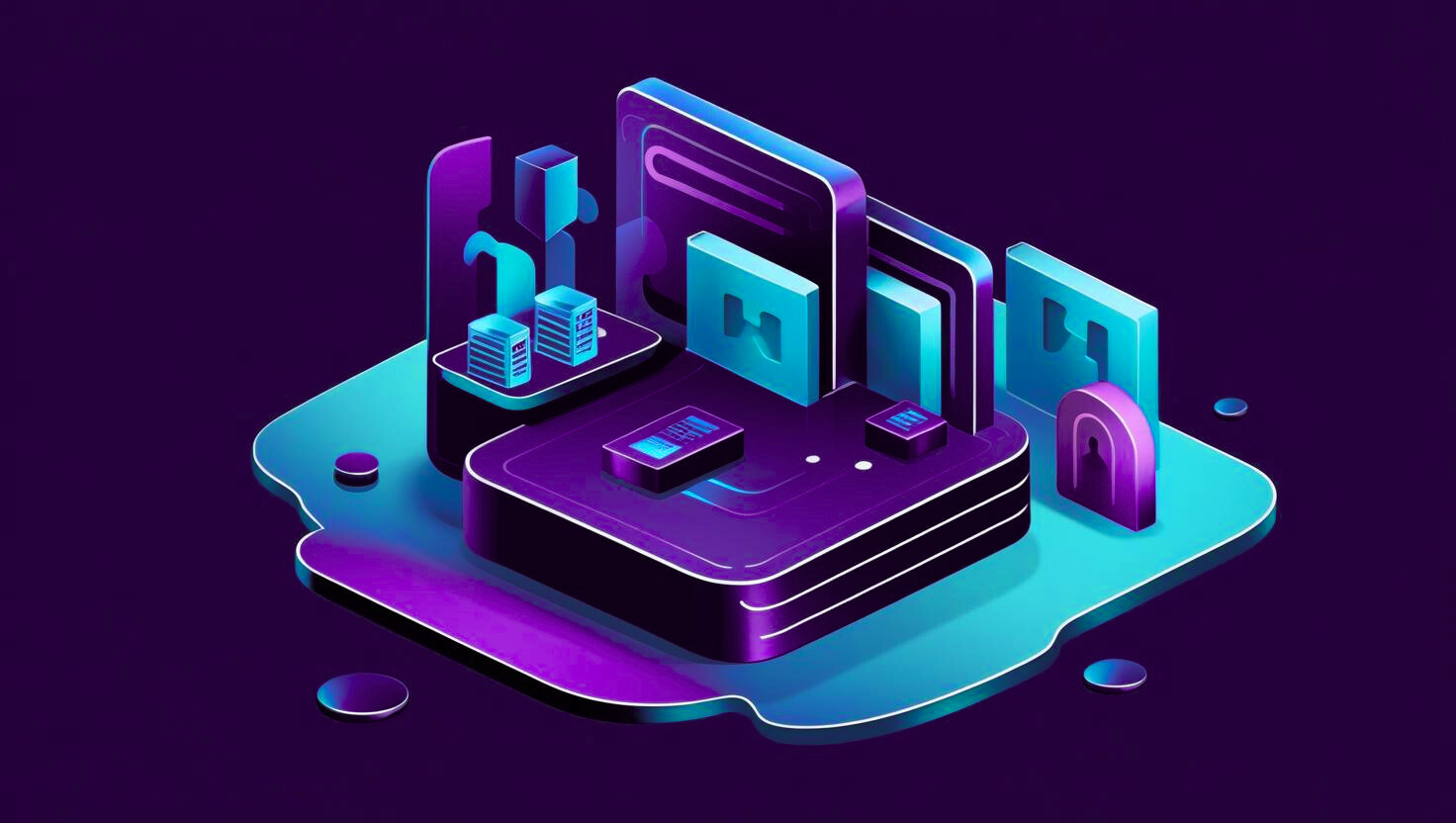 Futuristic digital illustration of a smartphone with virtual screens, icons, and data icons in neon purple and blue colors.