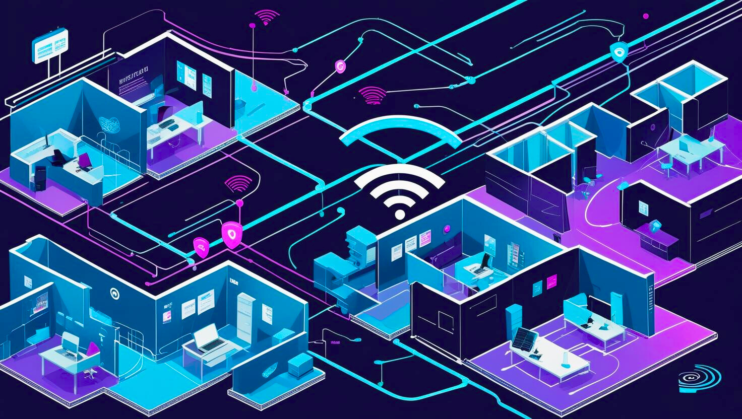 A digital illustration of a smart office with interconnected rooms, Wi-Fi symbols, and technology devices.