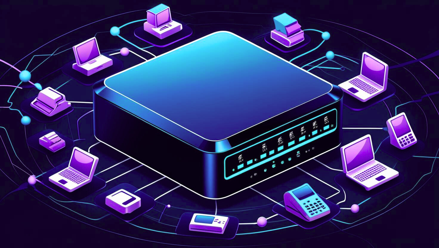 Digital illustration of a network hub or server surrounded by various communication devices, including laptops, desktops, printers, phones, and tablets, connected with glowing lines in a futuristic, neon style.