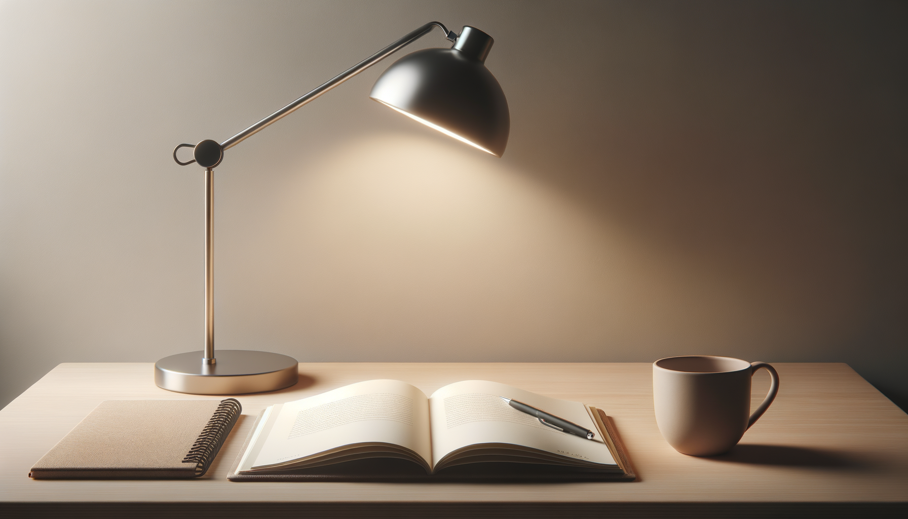 Desk with a modern desk lamp illuminating an open book, a closed notebook, a pen, and a ceramic mug on a wooden surface.